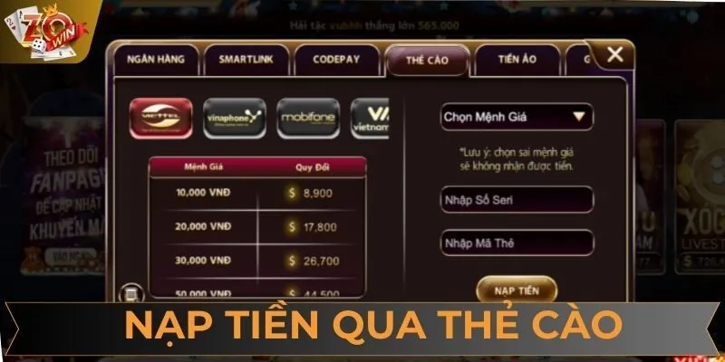 Nạp tiền vào nền tảng ZOWIN được tối ưu cho thành viên